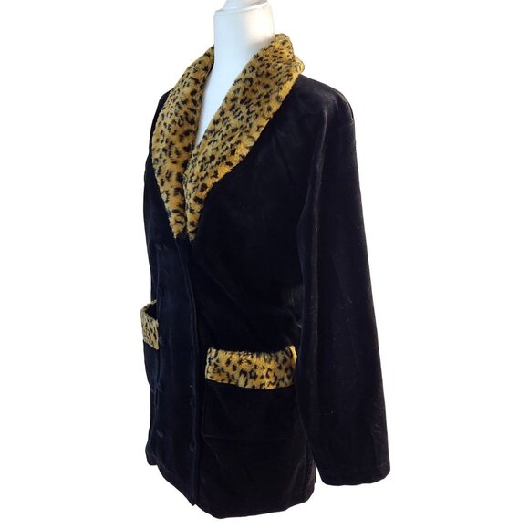1990s Richard & Company Black Velvet Smoking Jacket Small Leopard Faux Fur Trim - Picture 4 of 8
